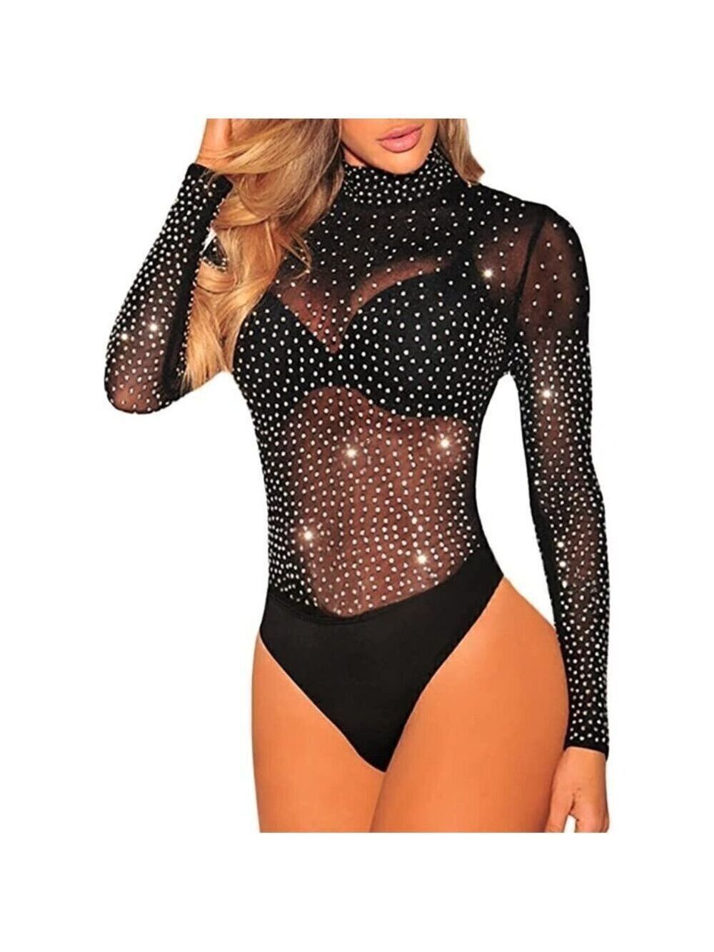 Sheer Mesh Turtleneck See Through Leotard Bodysuit Long Sleeve Stretchy Sexy NWT